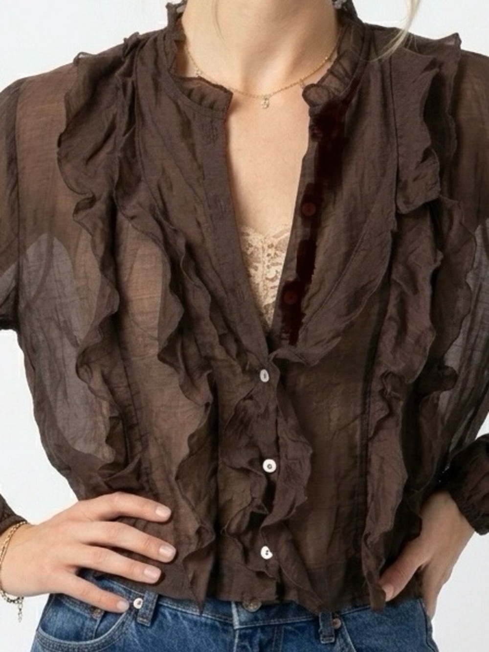 🆕 Zara V‑neck Tunic-top Sheer Ruffles Mother‑of‑pearl Buttons PuffLS BRN XL